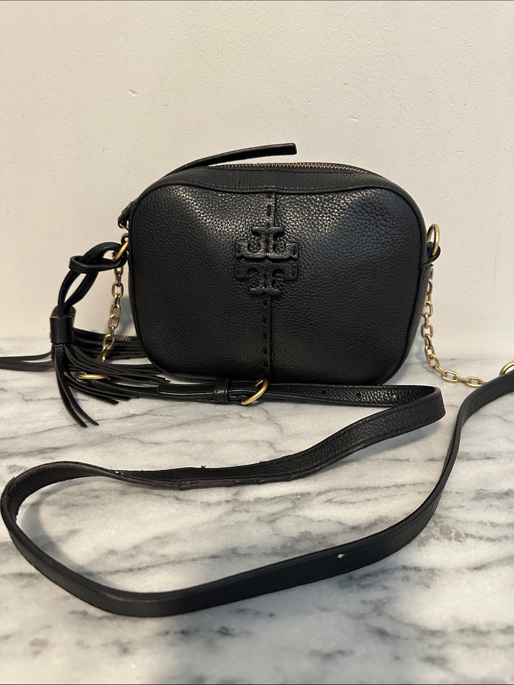 Tory Burch McGraw Black Pebbled Leather Camera Crossbody Bag Tassel